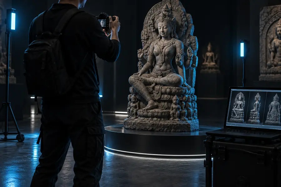 Person capturing a sculpture from multiple viewpoints